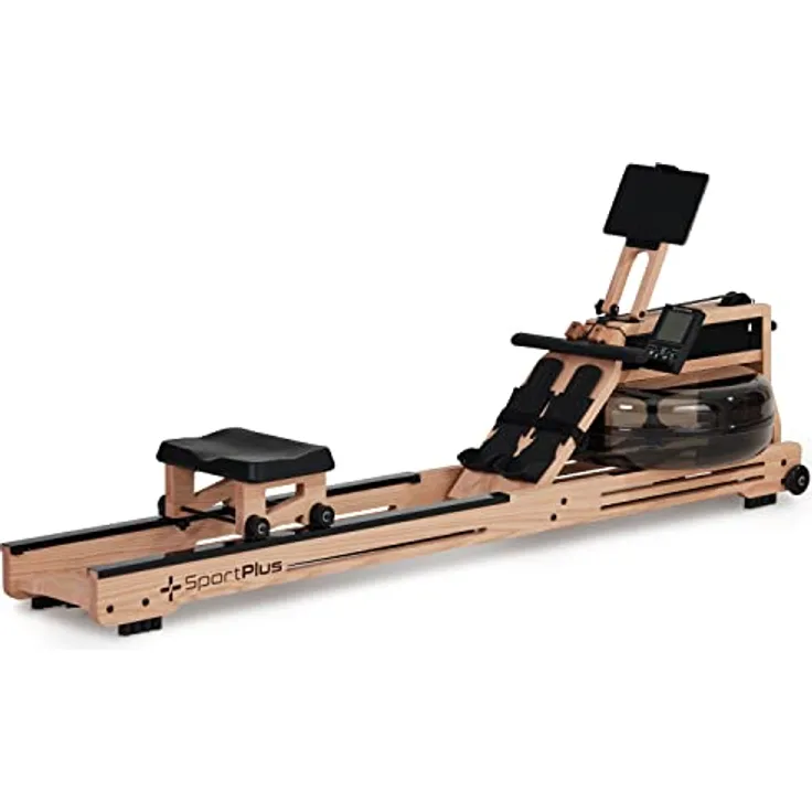 SportPlus | Wasser-Rudergerät für zuhause aus Natur-Massivholz (Eiche) | Holz-Rudergerät mit Trainingscomputer (App-kompatibel), hohe Qualität & Zeitloses Design - SP-WR-1800