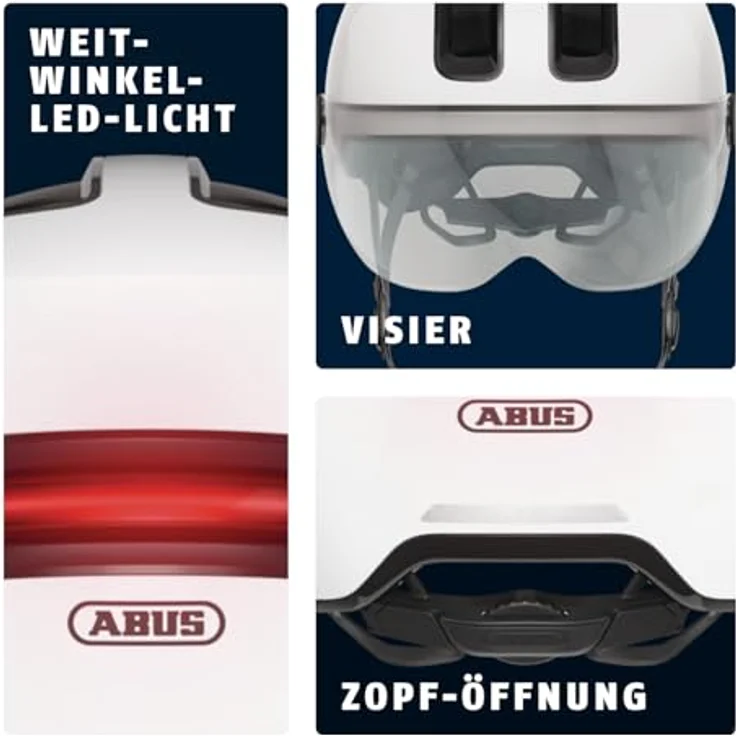 ABUS Stadthelm HUD-Y ACE, stylischer Fahrradhelm mit Visier und magnetischem, aufladbarem LED-Rücklicht, Weiß Glänzend, Größe M – Bild 5