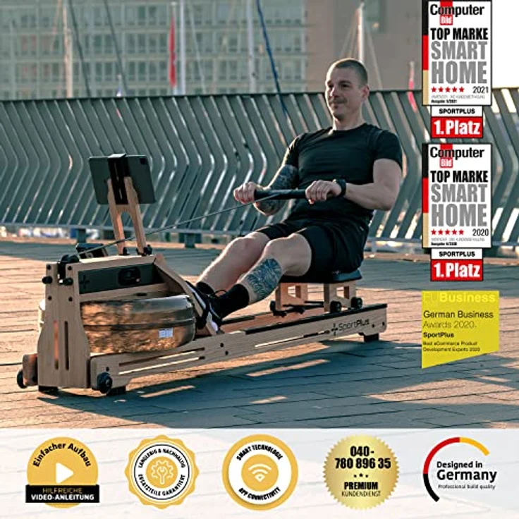 SportPlus | Wasser-Rudergerät für zuhause aus Natur-Massivholz (Eiche) | Holz-Rudergerät mit Trainingscomputer (App-kompatibel), hohe Qualität & Zeitloses Design - SP-WR-1800 – Bild 3