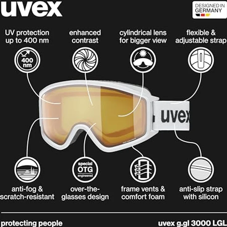 Uvex g.gl 3000 LGL, Skibrille für Damen und Herren, beschlagfrei, vergrößertes Sichtfeld, white matt/lasergold lite-blue, one size – Bild 2