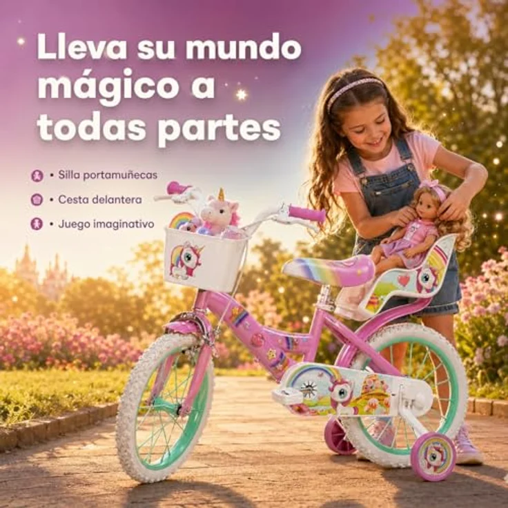 Toimsa Bikes Kinderfahrrad 16 Zoll Mädchenfahrrad mit Einhorn-Design, 1 Gang, Puppensitz, Korb und Stützräder – Bild 5