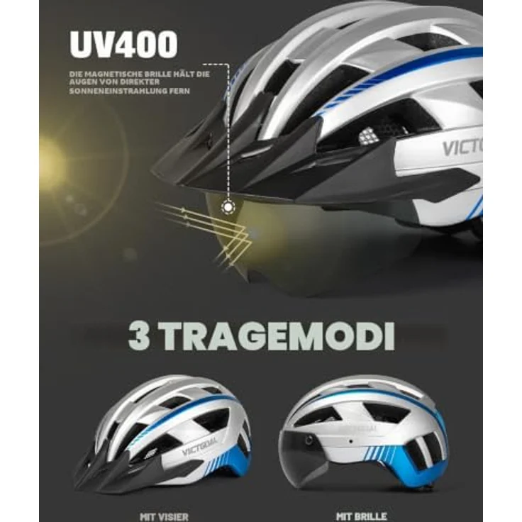 Victgoal VICTGOAL Fahrradhelm MTB Helm, abnehmbare magnetische Schutzbrille, atmungsaktiv mit 21 Belüftungskanälen, verstellbar (L: 57-61 cm, Silber) – Bild 2