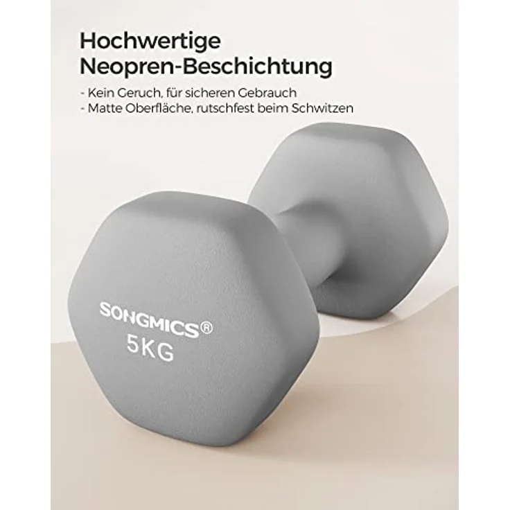 SONGMICS Hanteln, 2er Set, 2 x 5 kg, Hantelset, Kurzhanteln, Hexagon, Neopren-Beschichtung, Krafttraining, Workout, Fitnesstraining, für Zuhause, grau SYL910G01 – Bild 2