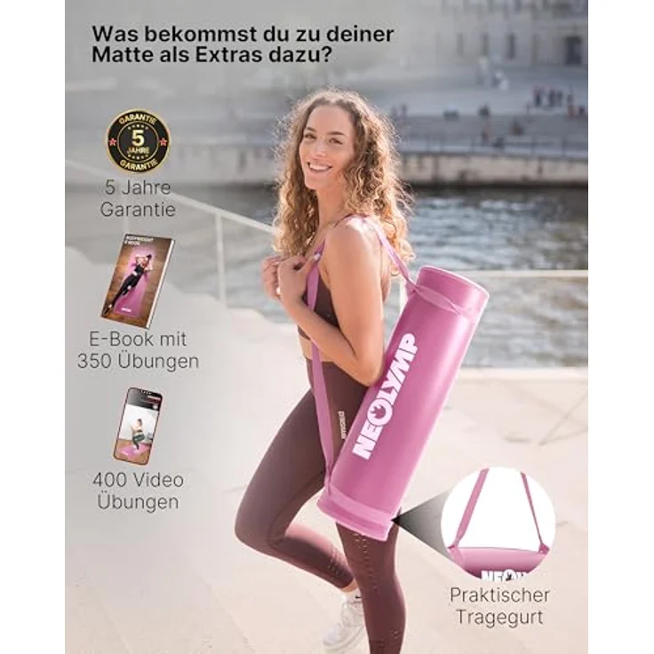 NEOLYMP Fitnessmatte, Yogamatte in Pink mit Tragegurt und Trainingsbuch inklusive Übungseinheiten – Bild 2