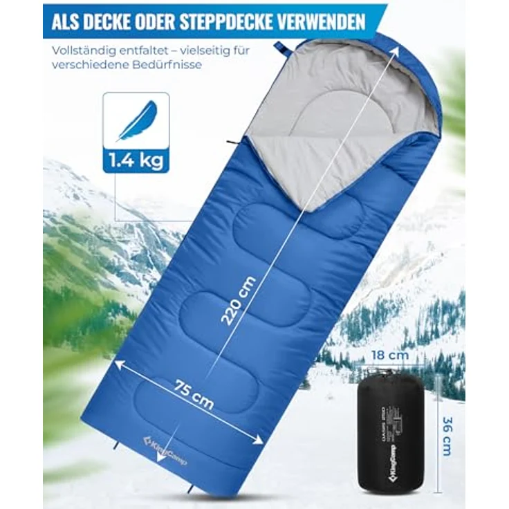 KingCamp Oasis Serie Deckenschlafsack mit Kopfteil, 220 × 75 cm, wasserabweisend und komfortable 3-Jahreszeiten-Füllung – Bild 2