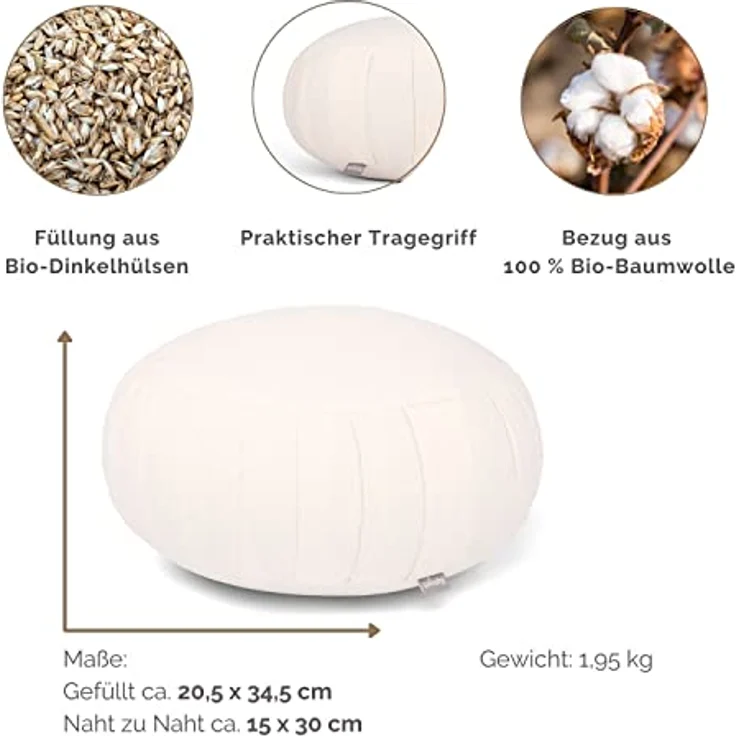 Bodhi Meditationskissen Zafu ECO | Klassisches Traditionelles Yogakissen Rund mit Dehnfalten | Bezug aus 100% Bio-Baumwolle | Hohes Yoga Sitzkissen mit Bio Dinkelfüllung | Sitzhöhe 20 cm – Bild 2