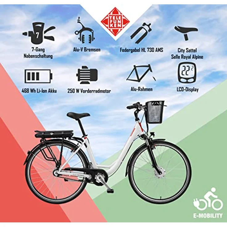 Telefunken E-Bike Elektrofahrrad Alu, RC657 Multitalent, 7-Gang Shimano Nabenschaltung, Pedelec Citybike leicht mit Fahrradkorb, Weiß - Preisvergleich – Bild 5