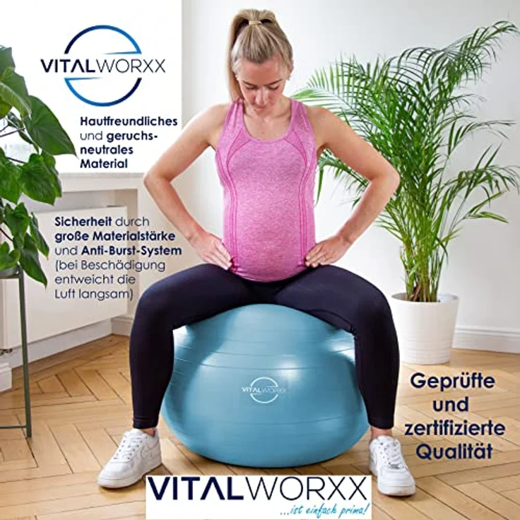 VITALWORXX Gymnastikball für Schwangere, extrem stabil, Sitzball Yogaball Pezziball 75 cm mit Pumpe, mit Übungen für Schwangerschaft, Geburt, Gesundheit, – Bild 3