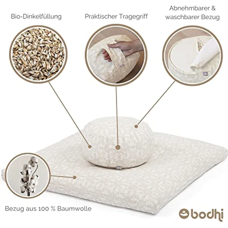 Bodhi Meditations-Set | Maharaja Collection | Meditationsmatte (Zabuton) & Meditationskissen Rondo mit Dinkelfüllung | Bezug aus Baumwolle | Unterlage zur Meditation (Lotus/Berry) – Bild 4