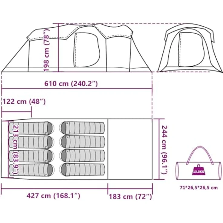 vidaXL Tunnel Familienzelt 8 Personen, Wasserdichtes Campingzelt mit Steckverbindungssystem und E-Anschluss, Blau, 185T Polyester – Bild 3