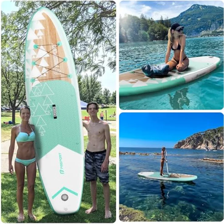 FBSPORT Aufblasbares SUP Board, Stand Up Paddling Board mit 15CM Dicke, verstellbarem Aluminium SUP Paddel + Pumpe, ideal für Yoga und Surfen, Light Brown – Bild 5