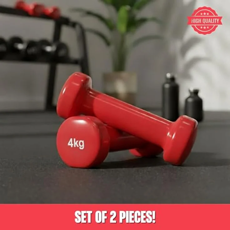 MATCHU Vinyl-Hanteln 2er-Set, 2x4 kg, mit massiver Eisenfüllung, rutschfester Griff, sechseckige Form, rot – Bild 2