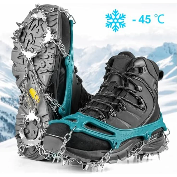 Cimkiz Grödel Steigeisen für Bergschuhe, 19 Zähne Edelstahl Anti-Rutsch Schuhspikes, Teal, Größe L für Wandern, Trail Running und Trekking – Bild 2