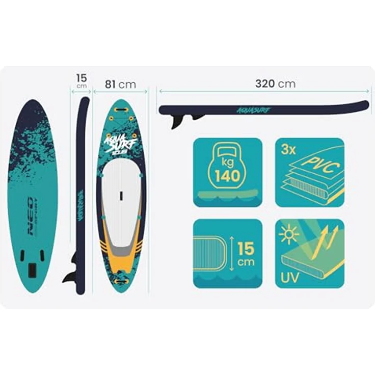 Neo-Sport Aquasurf 10.6, Aufblasbares Stand Up Paddle Board Set, 320 cm, inkl. Handpumpe, verstellbarem Paddel, Sicherheitsleine, Rucksack und Reparaturkit, bis 140 kg belastbar – Bild 5