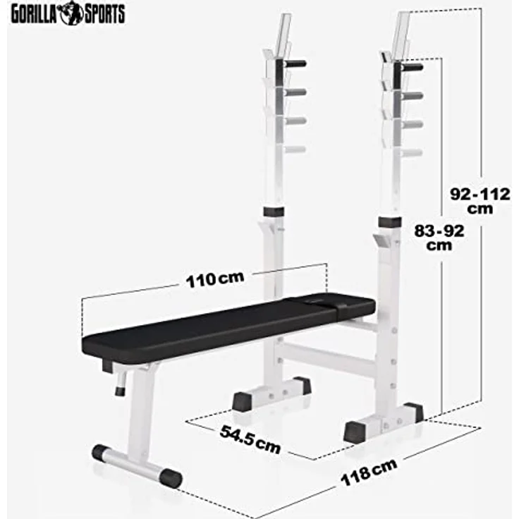 GORILLA SPORTS® Hantelbank - mit Ablage und Dip-Station, inkl. Hantelset 100kg, Verstellbar, Klappbar, Schwarz/Weiß - Drückerbank, Fitness Flachbank, Multifunktion, Trainingsbank mit Gewichten – Bild 4