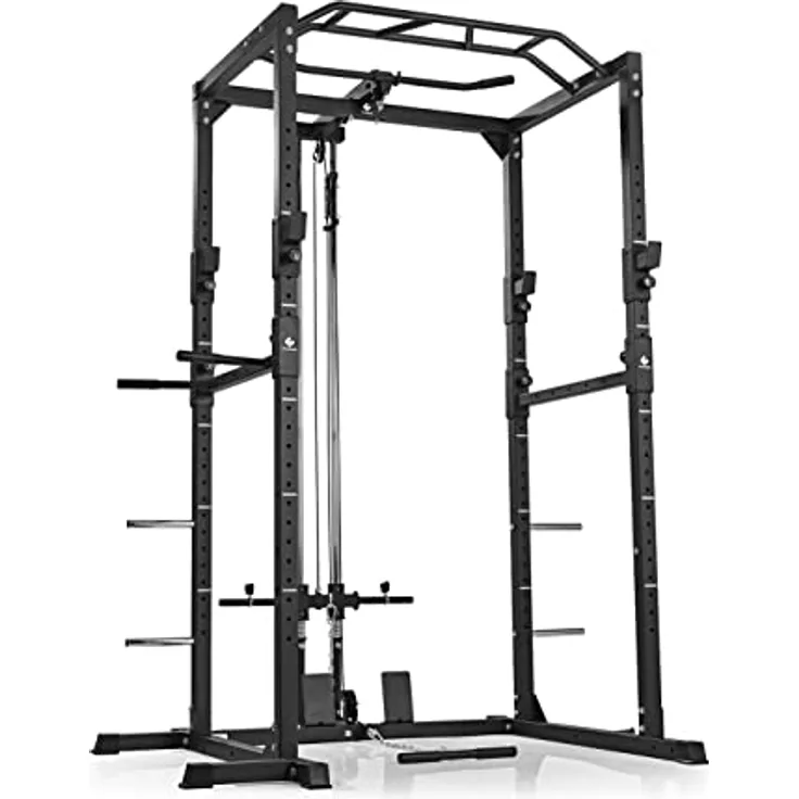 FitEngine Power Rack | Power Cage mit Latzug, Kabelzug, Dip-Station + Klimmzugstange | Variabel einstellbare Spotter für Langhantel