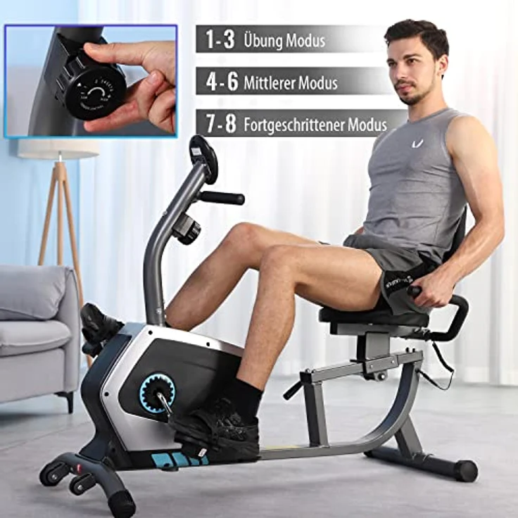 ISE Ergometer Liege- Heimtrainer mit Magnetbremse, Pulssensoren und LCD-Display, 8 Widerstandsstufen, Sitzergometer mit Rückenlehne für Zuhause, SY-6801 – Bild 4