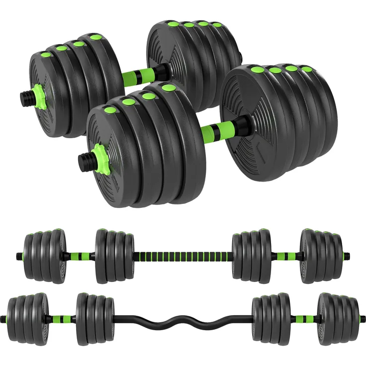 SPORTNOW 3-in-1 Hantelset verstellbar 30 KG, Kurzhantel, Langhantel & EZ-Curl-Stange, grün, platzsparend, rutschfeste Griffe