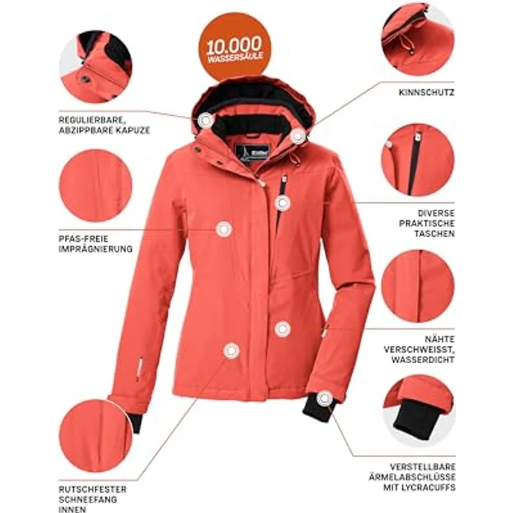 Killtec Ksw 25 Wmn Skijacke, atmungsaktiv und wasserdicht, 10.000 mm Wassersäule, in Bright Coral, Größe 46 – Bild 5