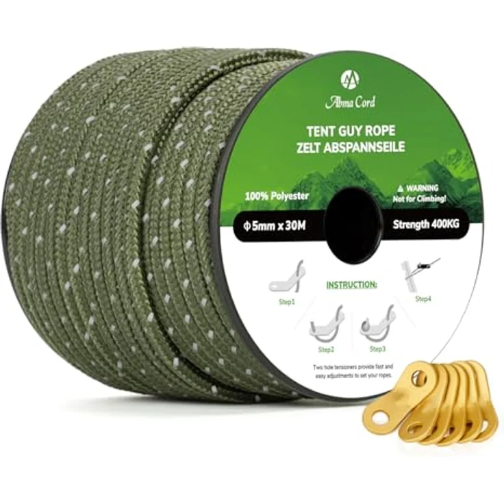 Abma Cord Zelt-Abspannseile, 30 m Zeltseil mit 6 Seilspannern, 5 mm Durchmesser, reflektierende Armee Grün, 400 kg Bruchlast – Bild 1