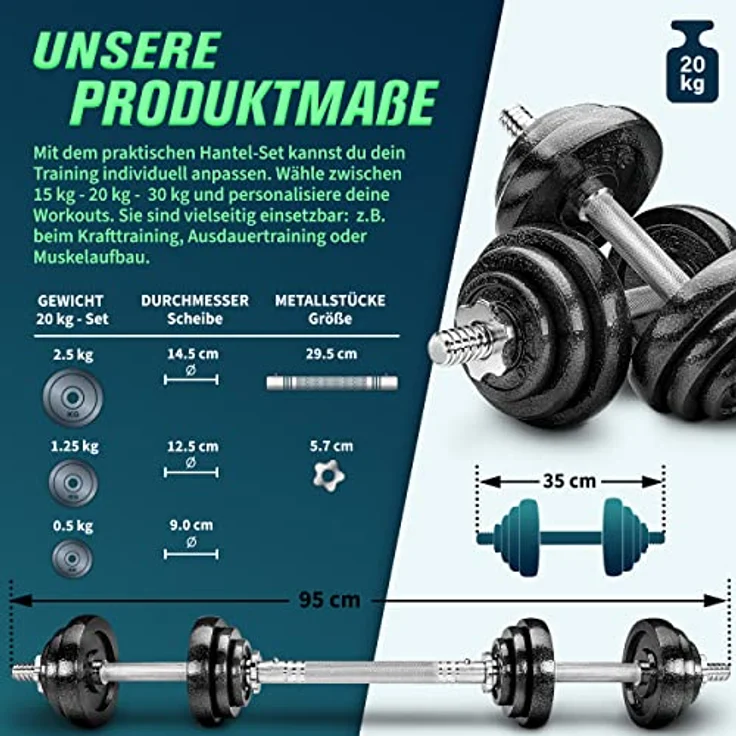 RE:SPORT 2 in 1 Hanteln Set 20 kg | Hantelset Gusseisen verstellbar | Kurzhantel & Langhantel | Sternverschlüsse & Verbindungsrohr – Bild 4