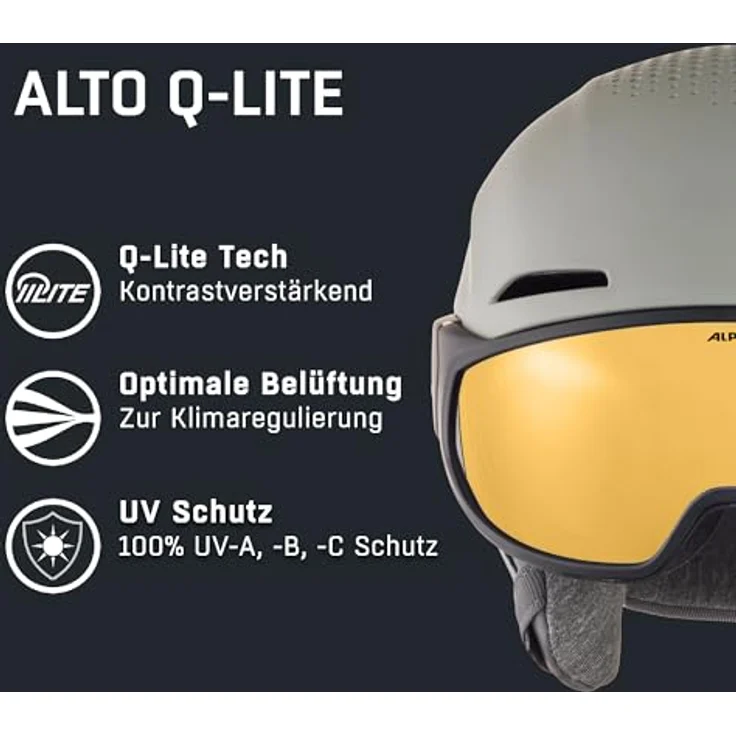 ALPINA Alto Q-LITE, Skihelm für Erwachsene, sicherer und stoßabsorbierender Visierhelm mit kontrastverstärkendem Visier - Moon-Grey matt (Gold Mirror), M (55-59 cm) – Bild 2