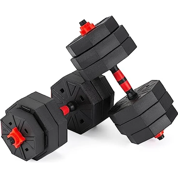 Gymtek Hanteln Set 2in1 Kurzhanteln und Langhantel, Verstellbar, Krafttraining Zuhause, 2er Set, Rot 2x20kg – Bild 3
