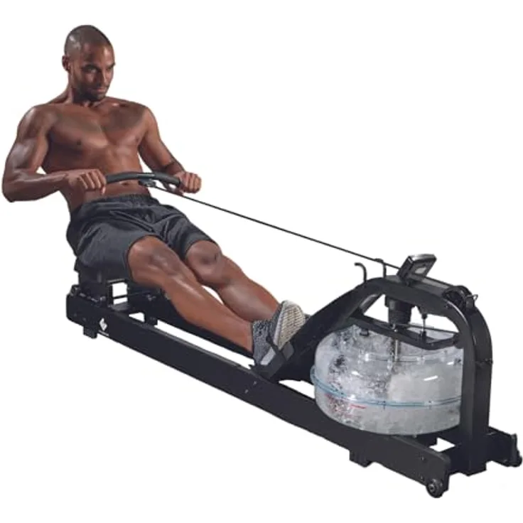 FitEngine Premium Holz-Rudergerät mit Wasserwiderstand | 100% massives Eschenholz für effektives Training zuhause, klappbar oder Nicht klappbar | Trainingscomputer und Tablethalterung