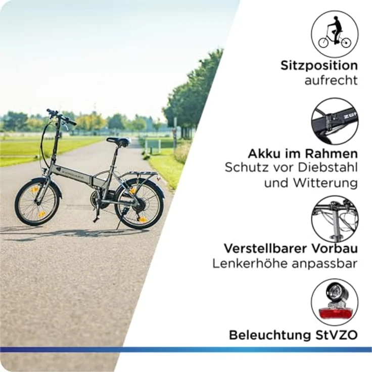 ZÜNDAPP Z101 Faltrad E-Bike 20 Zoll Klapprad Pedelec StVZO Elektrofaltrad 6 Gang, Schwarz – Bild 5
