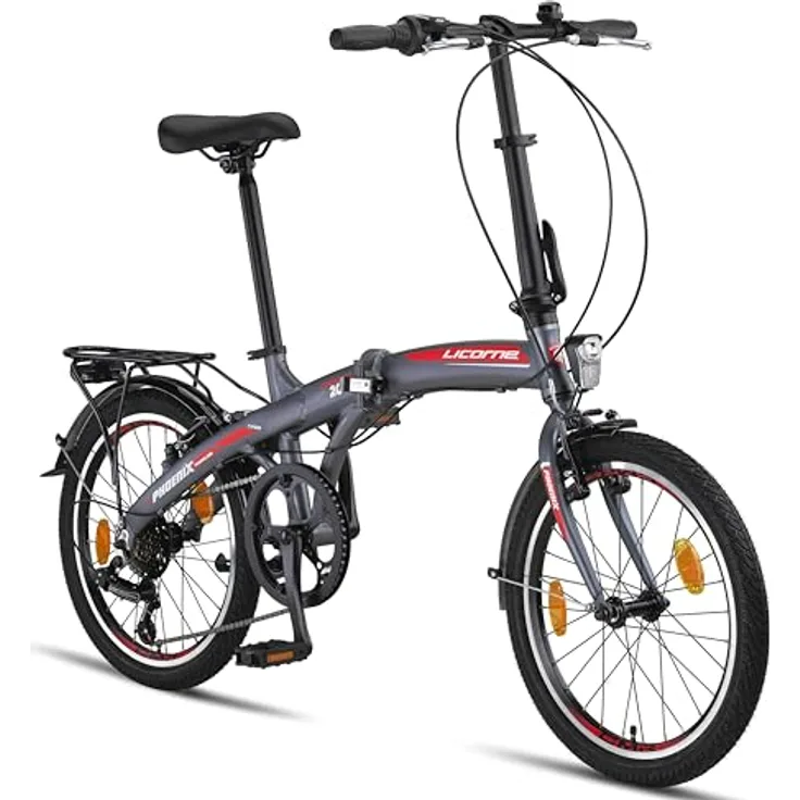 Licorne Bike Phoenix 20 Zoll Aluminium Faltrad Klapprad V-Bremse Faltfahrrad Herren Damen, 7 Gang Kettenschaltung Folding City Bike Alu-Rahmen StVZO Vorderlampe Hinterlampe, Schwarz