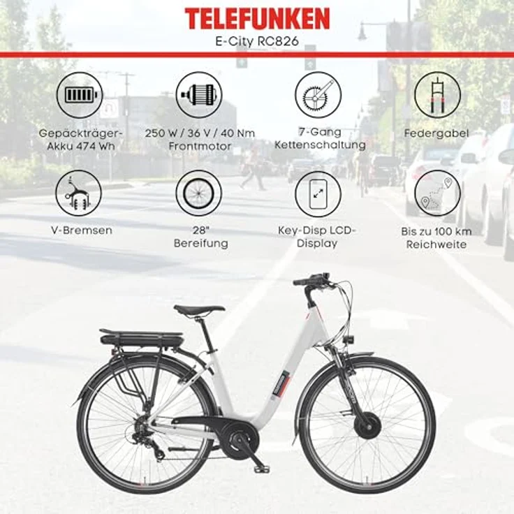 TELEFUNKEN E-Bike Damen RC826, 28 Zoll Pedelec mit 250W Frontmotor, 7-Gang Shimano Kettenschaltung, V-Bremsen und LCD-Display, bis zu 100 km Reichweite – Bild 5