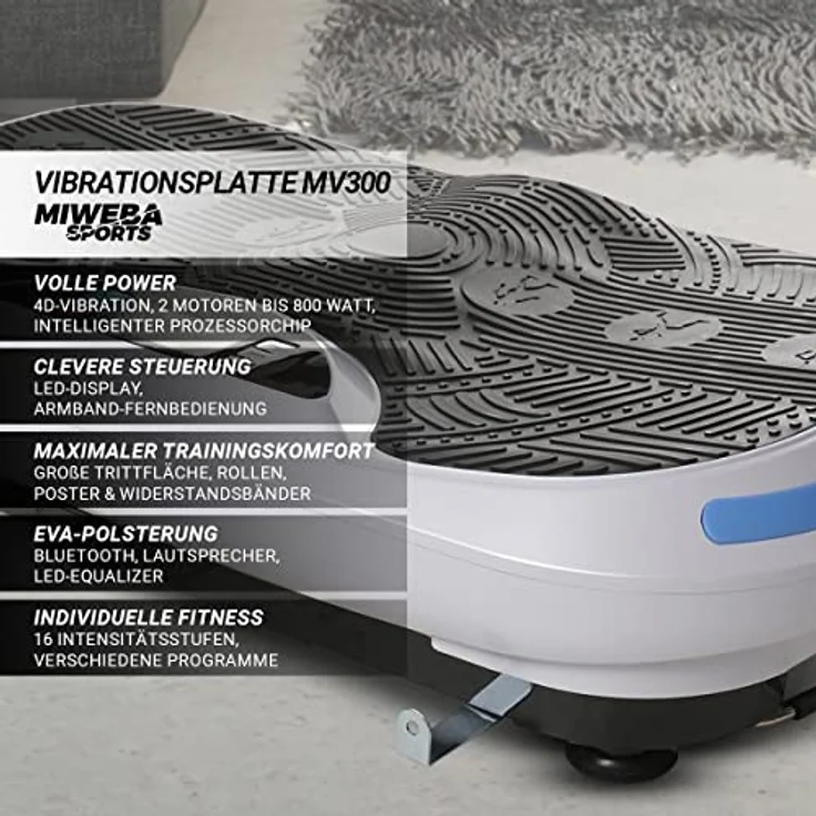Miweba Sports Fitness 4D Wave Vibrationsplatte MV300 - Armband Fernbedienung - Wave Design - 800 Watt - Bluetooth Lautsprecher - Trainingsbänder - Led - große Trittfläche (Weiß) – Bild 2