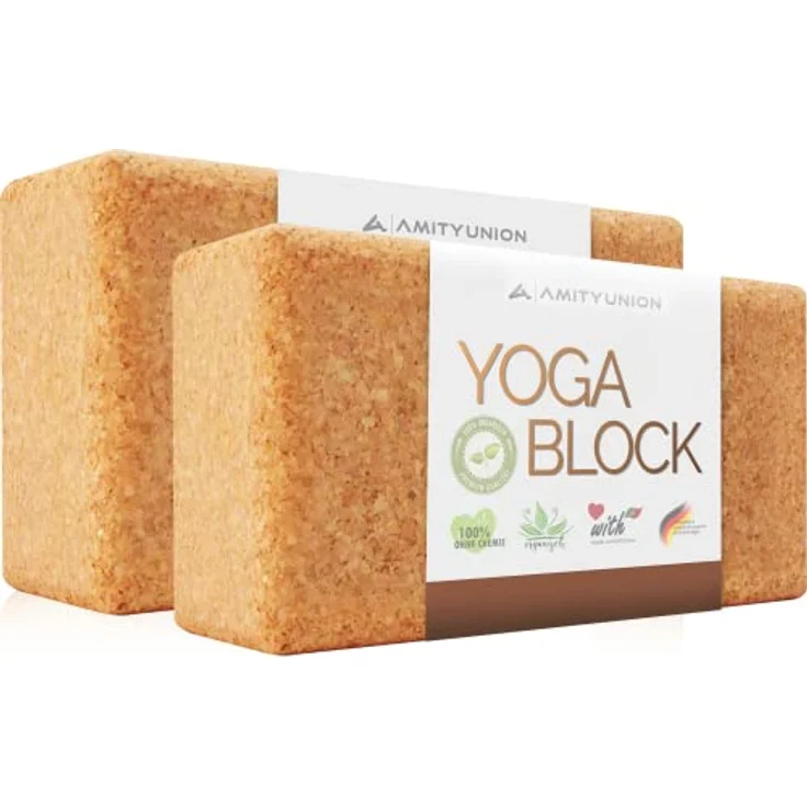 AMITYUNION Yoga Block 2er Set Kork - Nachhaltige Hatha Klotze mit Trainingsheft, 75 mm, rutschfest und hautfreundlich, ideal für Anfänger und Fortgeschrittene – Bild 1