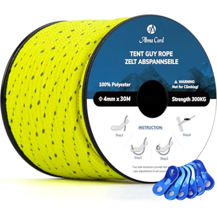 Abma Cord Abspannseile Zeltschnur 30M mit 6 Seilspanner, 4mm Durchmesser, reflektierende Neon Gelb, 300 KG Bruchlast, für Zelte und Camping