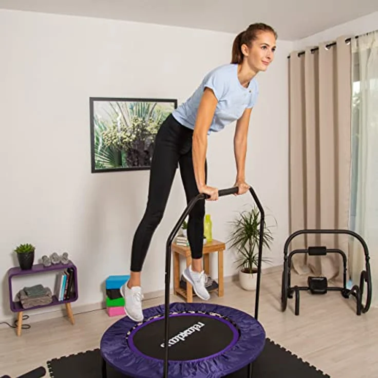 Relaxdays Trampolin faltbar mit Haltestange Indoor H x B x T: 113 x 102 x 102 cm Maximalbelastung: 120 kg schwarz-lila – Bild 3