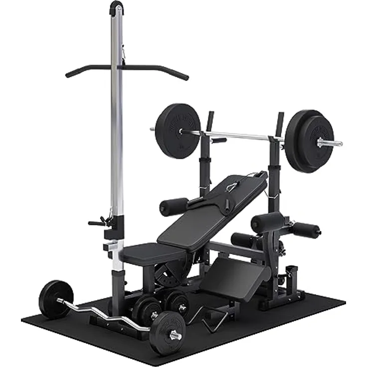 GORILLA SPORTS® Kraftstation Universal Set 46-teilig mit 100 kg Hantelset - Trainingsbank, Fitnessstation, Trainingsstation, Schwarz/Wiß