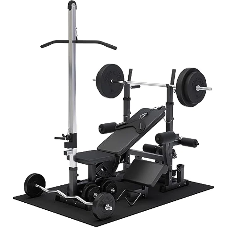 GORILLA SPORTS® Kraftstation Universal Set 46-teilig mit 100 kg Hantelset - Trainingsbank, Fitnessstation, Trainingsstation, Schwarz/Wiß – Bild 1