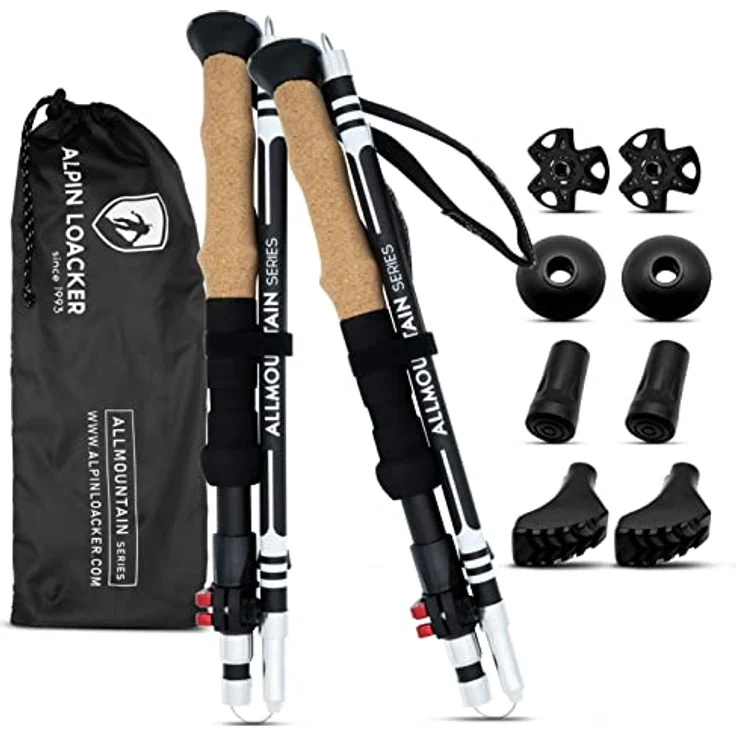 ALPIN LOACKER Faltbare Wanderstöcke aus Aluminium mit Korkgriff, Teleskop für Nordic Walking, verstellbar 100-120 cm, inklusive Zubehör und Tragetasche – Bild 1
