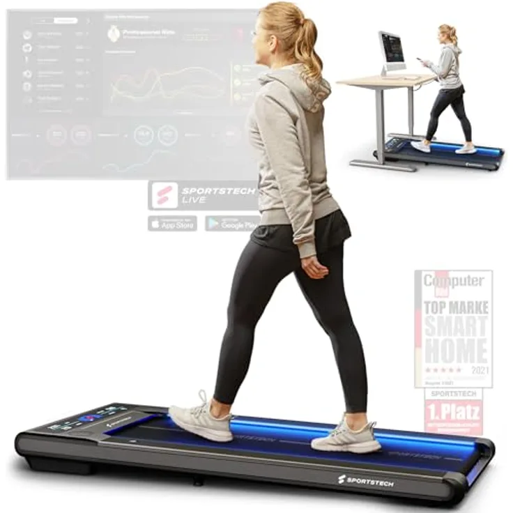Sportstech sWalk Walking Pad Laufband mit LED - 1-6 km/h Geschwindigkeit, interaktives LCD-Display, App kompatibel - Flexibles Under Desk Schreibtisch Treadmill, Deutsche Qualitätsmarke