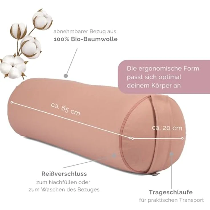 Bodhi Yoga Bolster, Yogarolle aus 100% Bio-Baumwolle mit Bio Dinkelfüllung, waschbar, rund, 65 x 20 cm, rosé – Bild 2
