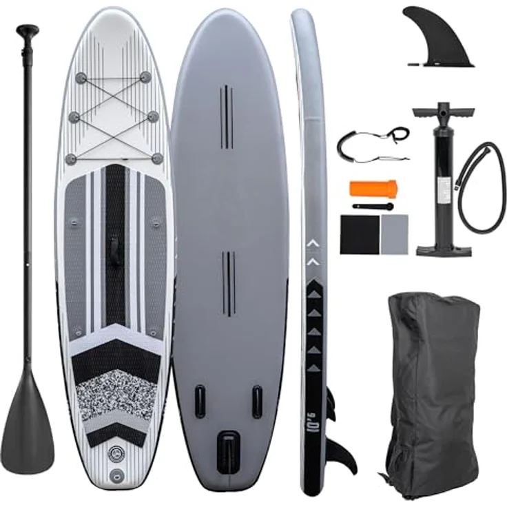 e4fun Stand Up Paddle Board, aufblasbar 320 x 81 x 15 cm, inkl. Paddel, Pumpe, Rucksack, Reparaturset, grau – Bild 1