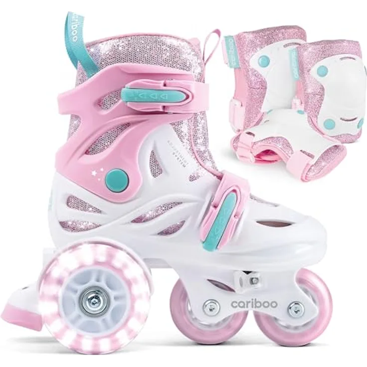 CARIBOO Kinder-Rollschuh-Set Cariboo Ballerina, Lerninliner mit Pinken Schützern, Größe S, 2 Fahrmodi, LED-Rollen