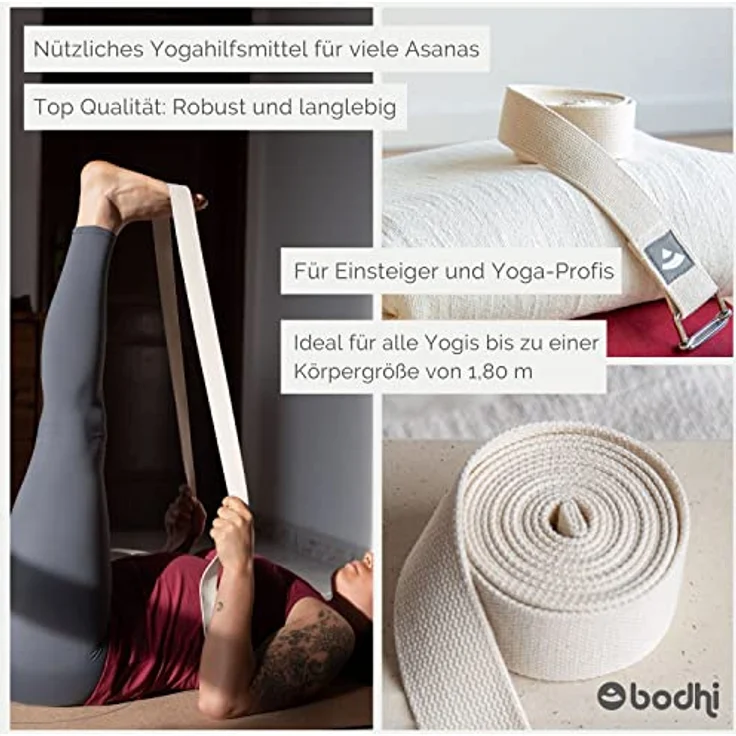 Bodhi Yogagurt | ASANA Belt aus 100% Baumwolle | Praktisches Yoga-Zubehör zur Dehnung | Yoga-Gurt mit Schiebeschnalle aus Metall | Anfänger & Fortgeschrittene | 250 x 3,8 cm (natur) – Bild 4