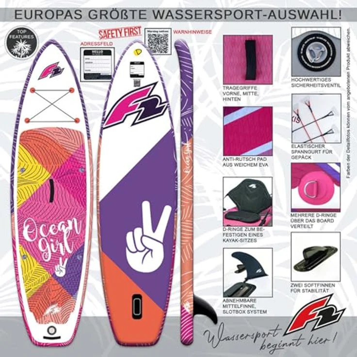 F2 Junior SUP Stand Up Paddle Board Ocean Girl, 8'2'' pink, stabil und aufblasbar mit Diamond Pad, inklusive Tasche und Kind Paddle – Bild 3