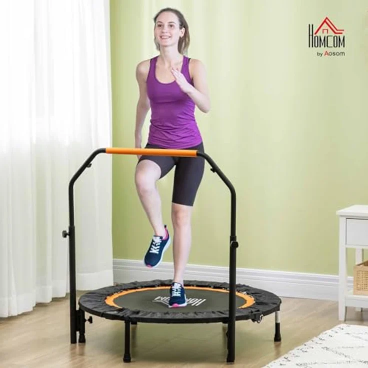 HOMCOM 102 cm Fitness-Trampolin, Faltbares Mini-Trampolin mit höhenverstellbarem Haltegriff, Belastbarkeit bis 100 kg, Schwarz+Orange – Bild 2