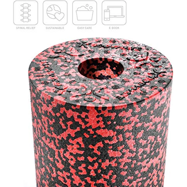 BODYMATE Faszienrolle CARE Mittel-Hart mit umlaufender Rille zur Wirbelsäulen-Entlastung, E-Book inklusive - Schwarz/Pepper-Red, 35x14cm – Bild 2
