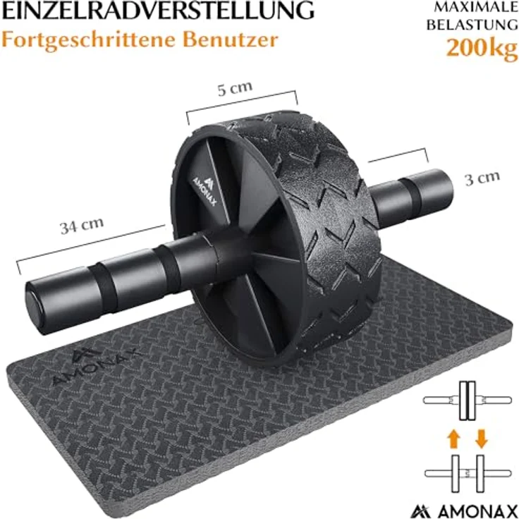 Amonax Bauchroller, bauchtrainer ab roller, bauchmuskeltrainer ab wheel set, mit Rutschfester, inkl. gut gepolsterter Kniematte/Knieauflage, für Männer und Frauen, Bauchmuskeltraining (Schwarz) - Preisvergleich – Bild 5