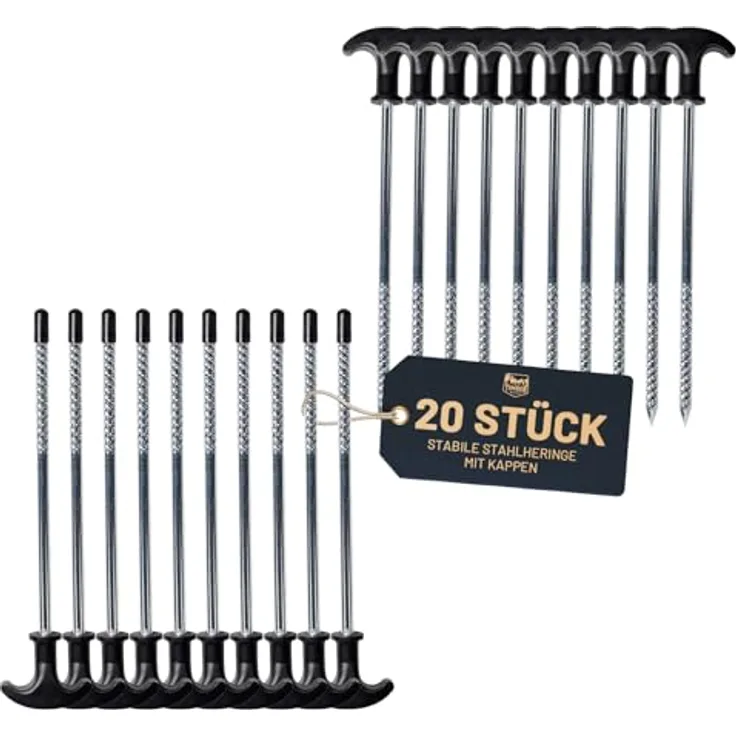 TIMBER RIDGE Zeltheringe Stahl x20 mit Schutzkappe, 22 cm lange Heringe für alle Bodenarten, stabil und langlebig