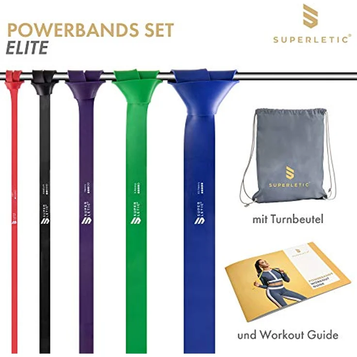 SUPERLETIC Powerbands, Widerstands-Fitness-Bänder für Pullup und Resistance-Training, 5 Stärken in rot, schwarz, lila, grün und blau, inkl. Workout-Guide, 5er Set – Bild 3
