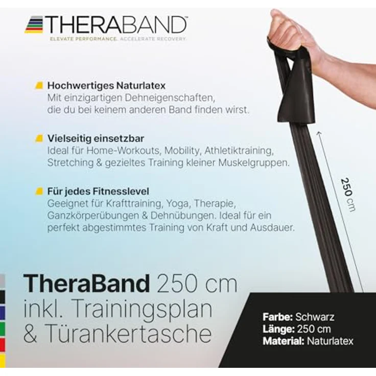 ARTZT TheraBand 2,50m schwarz, inkl. Türanker + Tasche, Widerstand 3,3kg, 100% Naturlatex, ideal für Fitness- und Rückentraining, Therapie, Reha – Bild 2